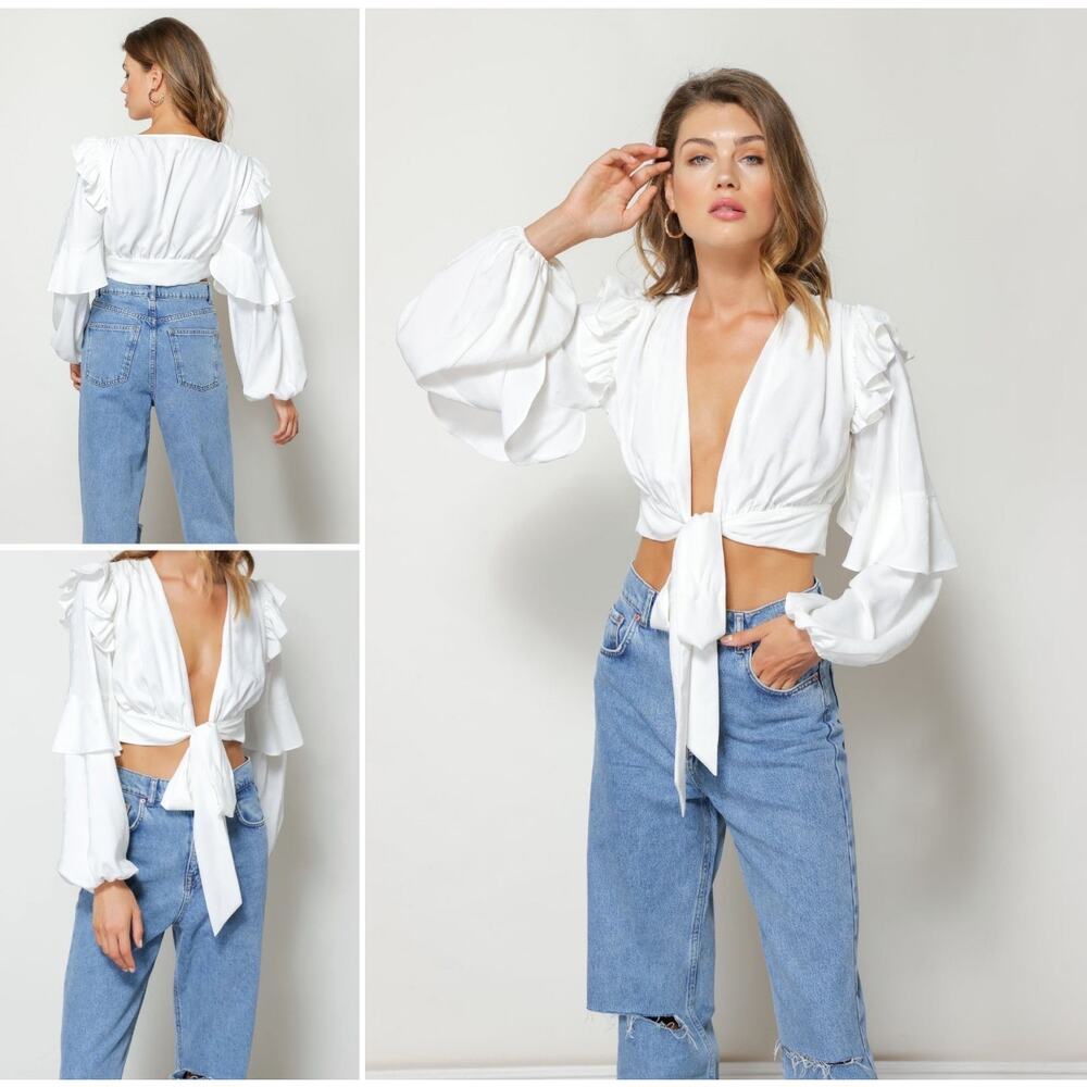 NEW NWT Revolve Line & Dot XS White Sonia Blouse Style LT4153B Cropped Ruffled